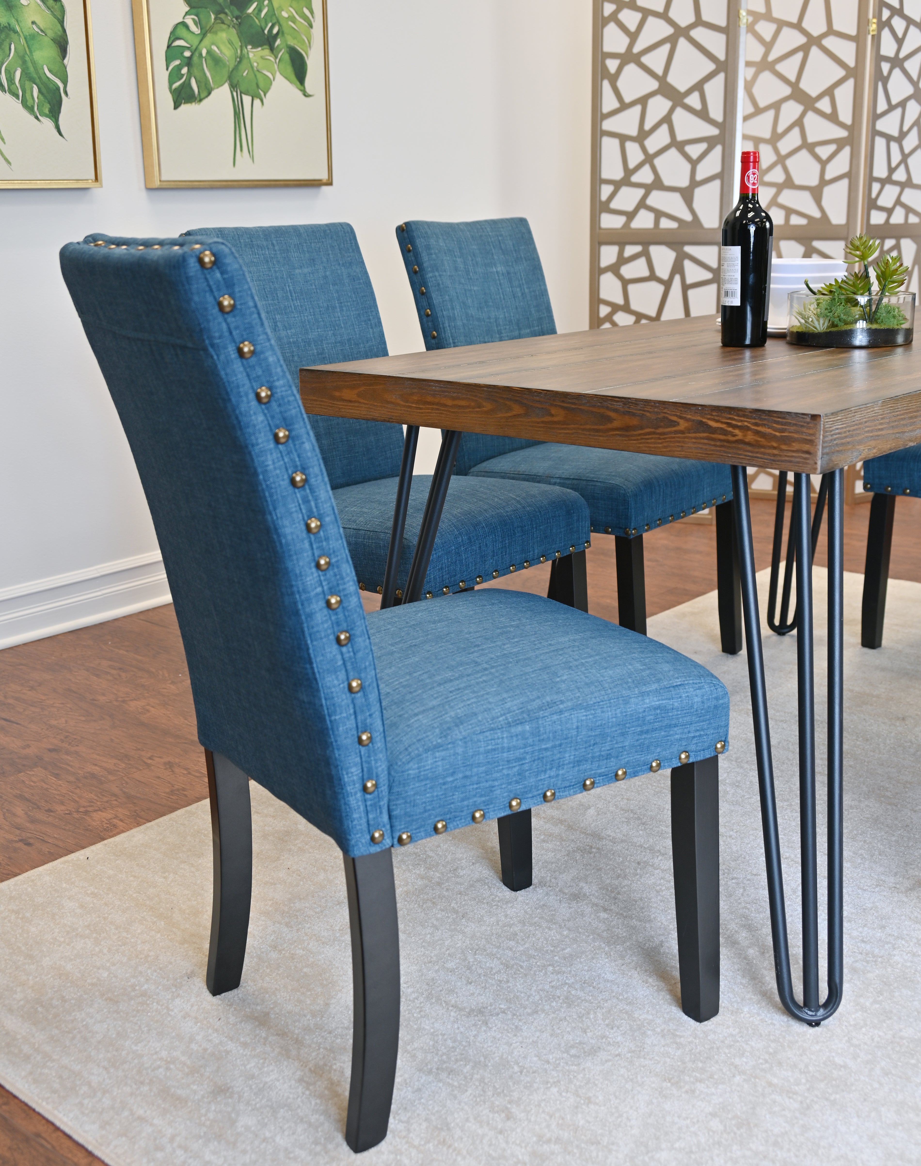 Amisos 6-Piece Dining Set: Rustic Dark Pine Hairpin Table, 4 Upholstered Chairs with Brass Nailheads, Wood Bench - Seats 6 for Dining Room, Modern Farmhouse Style