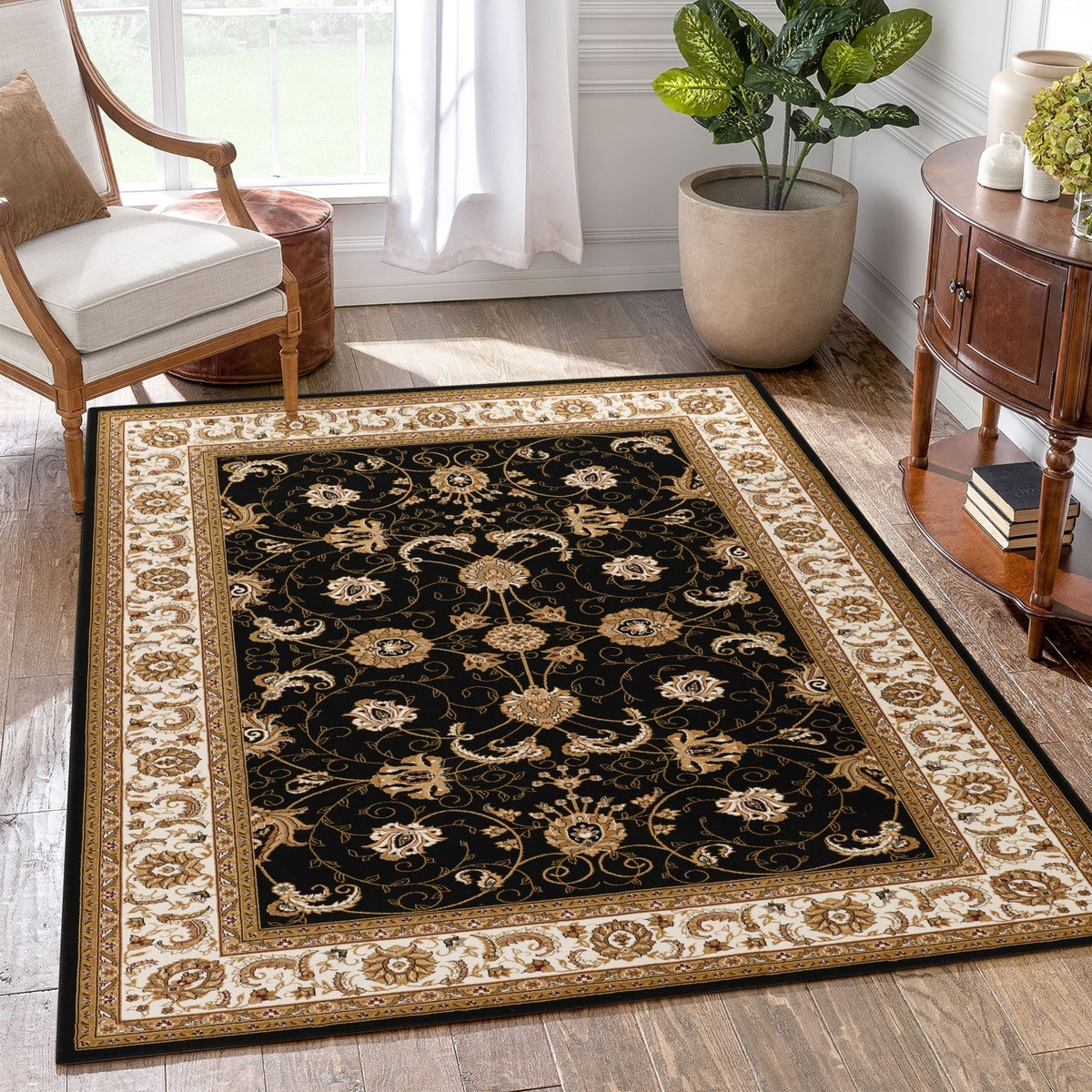 Manchester GC_HER5001 Black & Ivory 7'10" x 10'6" Luxury Oriental Area Rug | 100% Polypropylene | Stain & Shed-Resistant | Low Pile for Entryways & Under Furniture | Made in Turkey