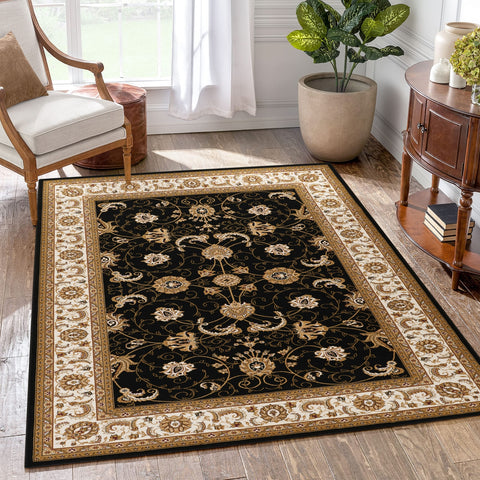 Luxury Manchester Black Oriental Area Rug - 9'2" x 12'6" - 100% Polypropylene Pile, Jute Backing - Stain Resistant, Durable - Classic Victorian Style for Living Room, Entryway