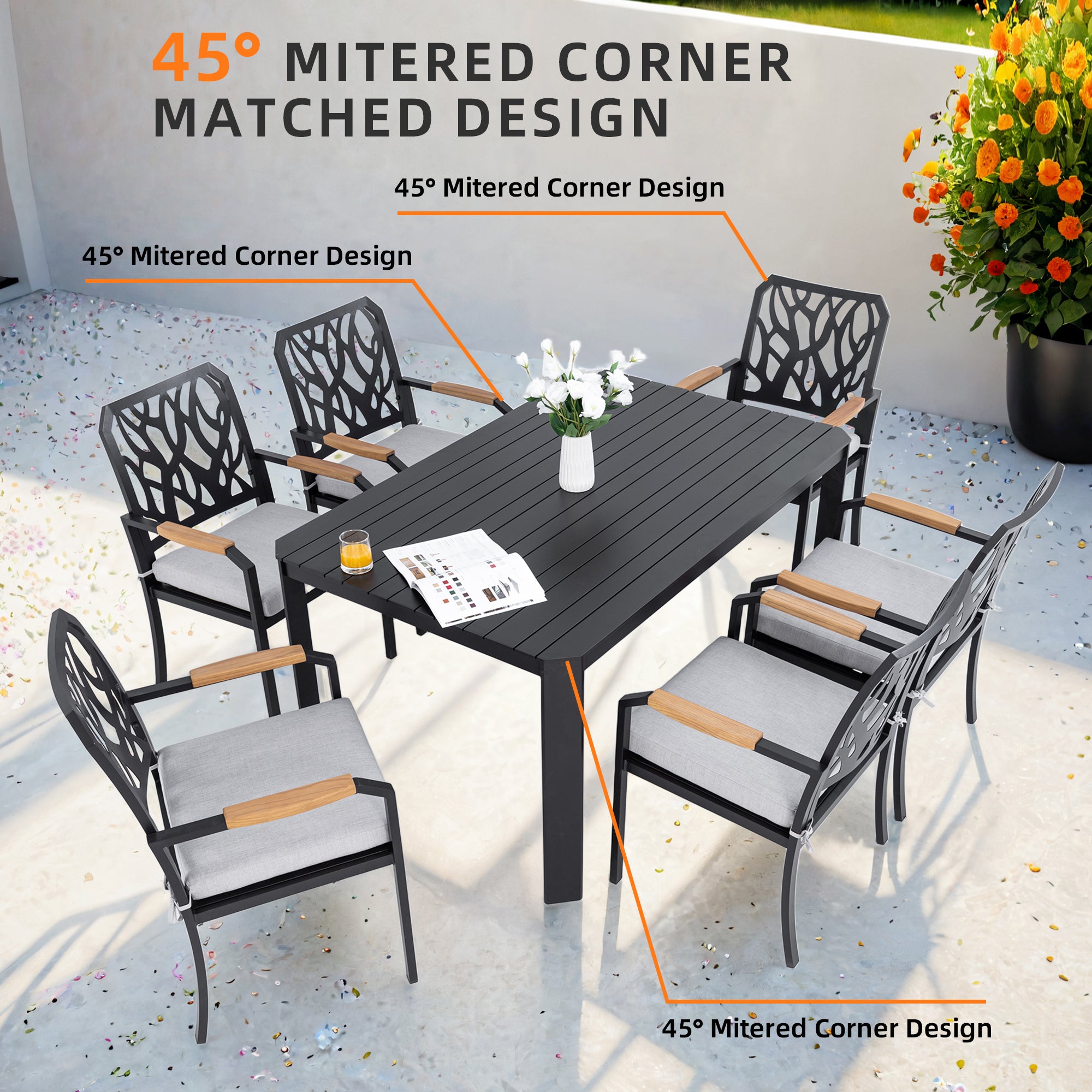 7PC Aluminum Patio Dining Set: Modern Bourbon Brown 6-Seat Outdoor Furniture with Sunbrella Cushions, Nature-Inspired Backrest & Umbrella Hole Table for Garden & Leisure