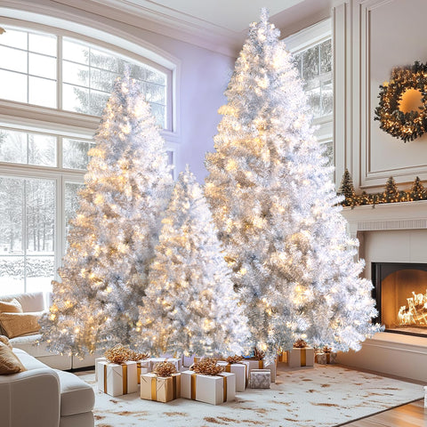 7.4FT, 6FT, 4FT Silver Pre-Lit Hinged Artificial Christmas Tree Set - 2400 Branch Tips, 850 LED Lights, 11 Modes - Metallic Spruce Xmas Decor for Home, Office, School