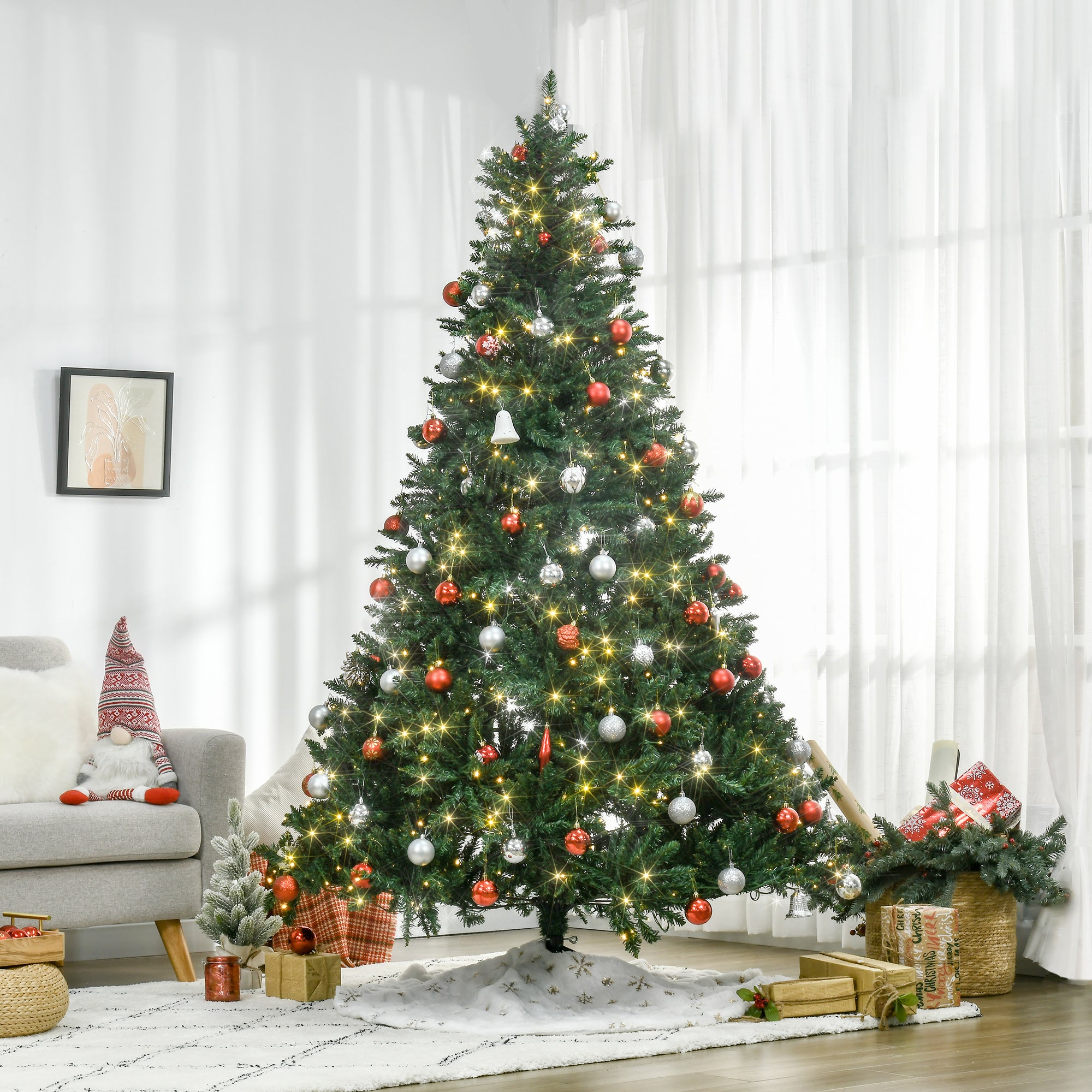 HOMCOM 7ft Pre-Lit Full Douglas Fir Artificial Christmas Tree | 700 Warm White LEDs | 2154 Realistic PVC Tips | Hinged Branches | Sturdy Metal Base | Lush Green for Home &amp; Holiday Decor