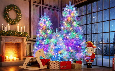 7.4FT, 6FT, 4FT Silver Pre-Lit Hinged Artificial Christmas Tree Set - 2400 Branch Tips, 850 LED Lights, 11 Modes - Metallic Spruce Xmas Decor for Home, Office, School