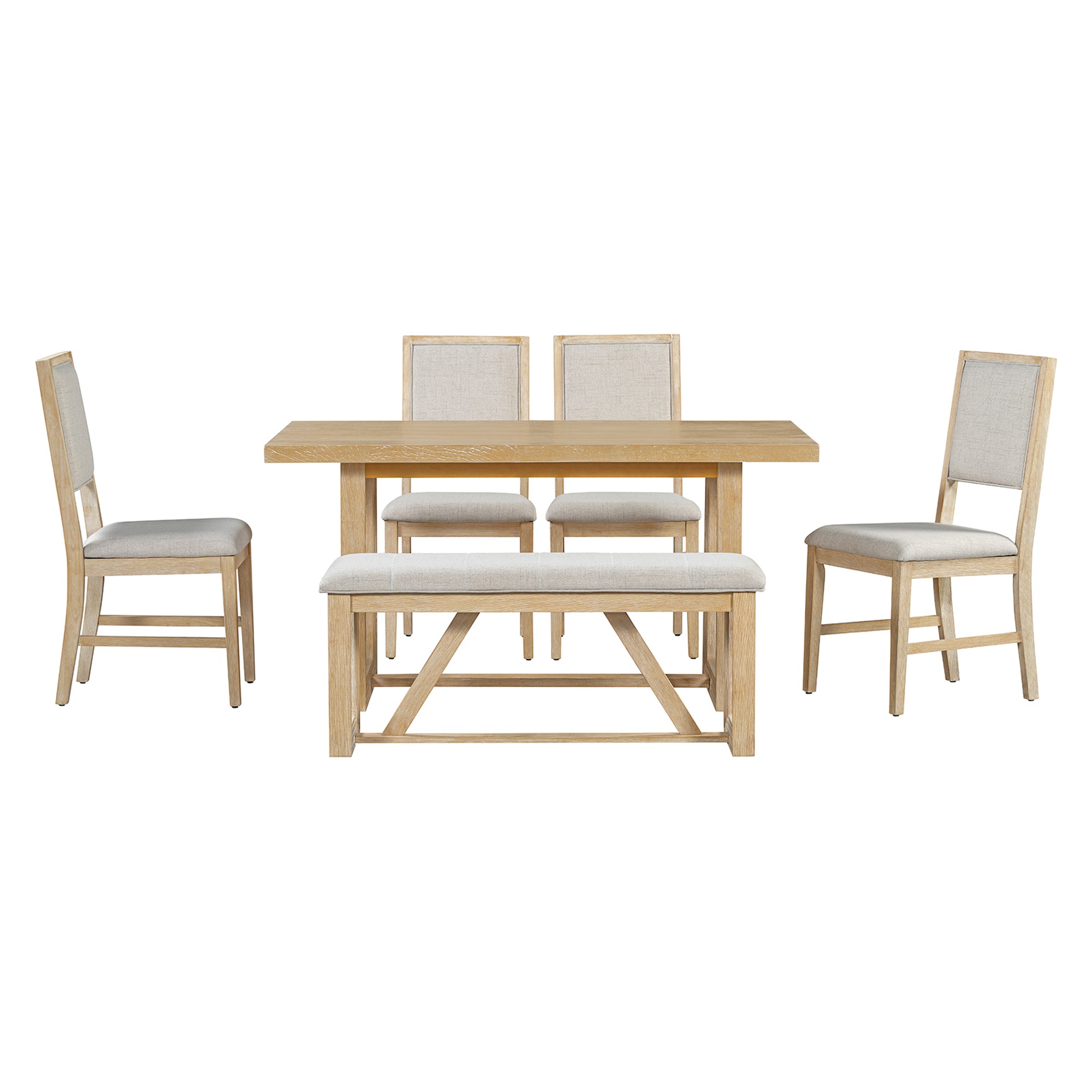 TREXM 6-Piece Retro Dining Table Set for 6, 60" Oak Veneer Wood Kitchen Table & 4 Chairs with Upholstered Bench, Natural Finish, Dining Room & Kitchen Use, Durable Rubberwood Legs