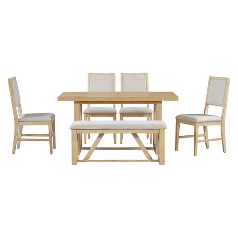 TREXM 6-Piece Retro Dining Table Set for 6, 60" Oak Veneer Wood Kitchen Table & 4 Chairs with Upholstered Bench, Natural Finish, Dining Room & Kitchen Use, Durable Rubberwood Legs