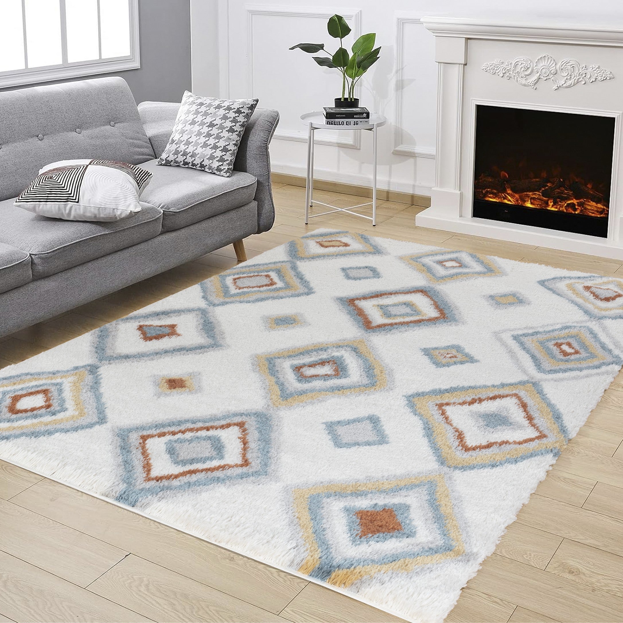 Luxurious Ivory Shag Area Rug - 7'10"x9'10" Plush Polyester Geometric Living Room Carpet, Made in Turkey, High-Traffic Durable Home Decor