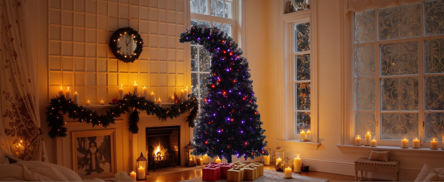 6ft Black Artificial Christmas Tree with LED Lights: Whimsical Hat-Shaped, 900 PET Tips, 250 Orange/Purple Lights, Hinged Branches, Metal Stand for Indoor Holiday Decor