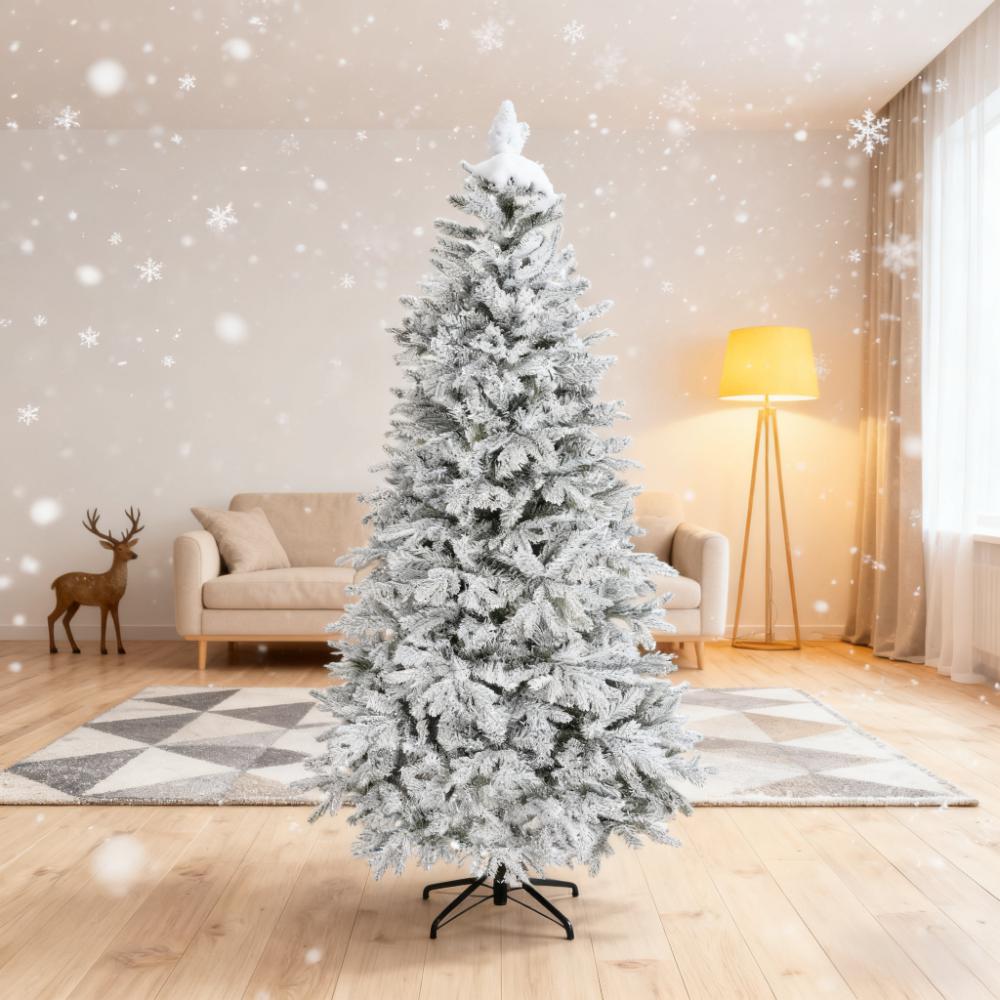 7.5ft Frosted Spruce Christmas Tree: Realistic Snow-Dusted Full Shape, 1762 Dense Branches, Hinged Auto-Open for Easy Assembly, Fire-Retardant, Stable Metal Stand for Home &amp; Holiday Decor
