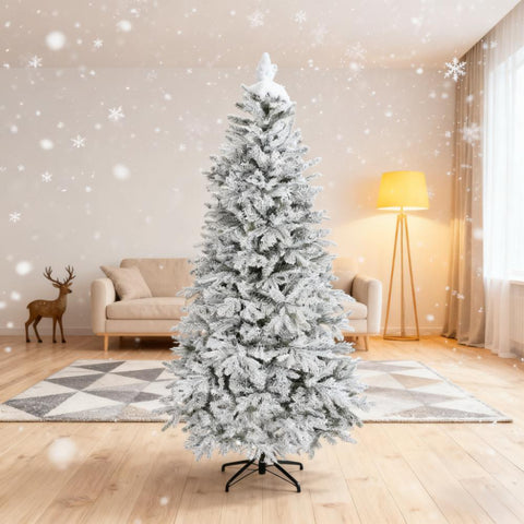 7.5ft Frosted Spruce Christmas Tree: Realistic Snow-Dusted Full Shape, 1762 Dense Branches, Hinged Auto-Open for Easy Assembly, Fire-Retardant, Stable Metal Stand for Home &amp; Holiday Decor