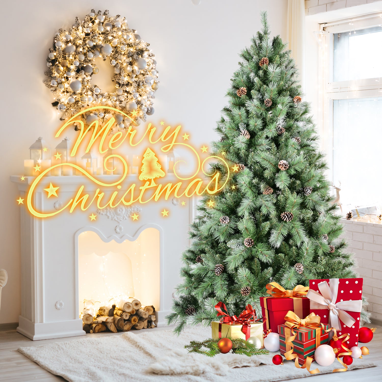 5FT Realistic Green Christmas Tree with 694 Mixed PVC & Hard Needle Tips, 51 Pine Cones, Hinged Design for Easy Setup, Sturdy Metal Stand - Full Holiday Decor for Home, Living Room, Indoor Use