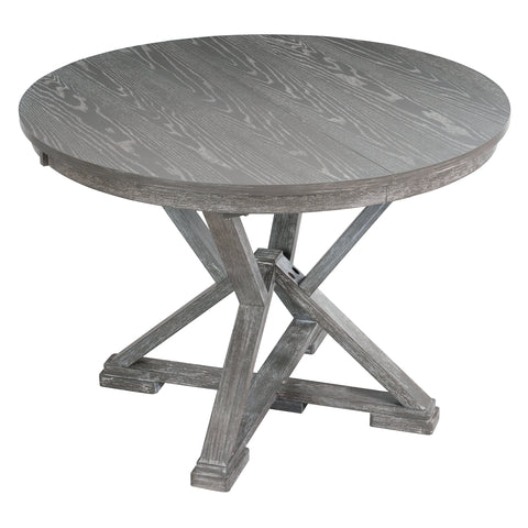 TREXM 5-Piece Extendable Round Dining Table Set for 4 - Vintage Grey Rubberwood & Linen Upholstered Chairs - 42"-54" Oval/Round Table for Kitchen, Dining Room, Living Room