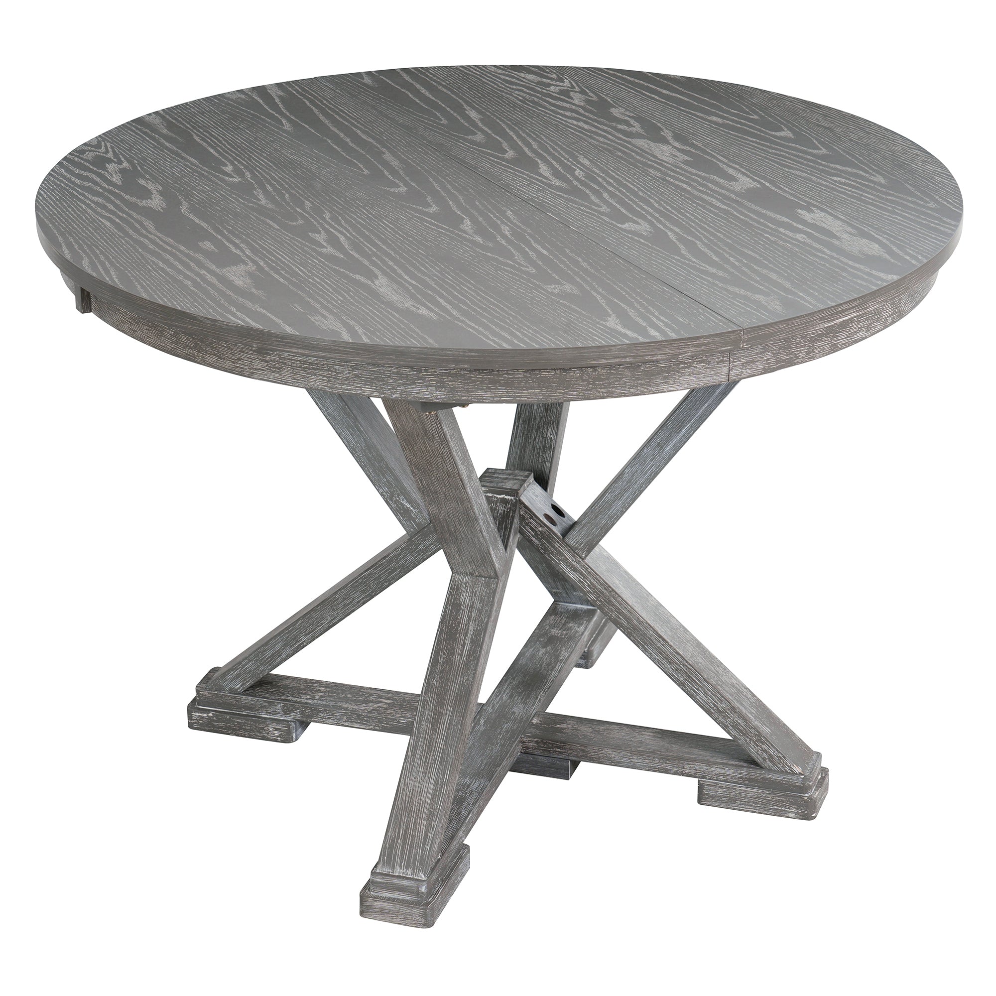 TREXM 5-Piece Extendable Round Dining Table Set for 4 - Vintage Grey Rubberwood & Linen Upholstered Chairs - 42"-54" Oval/Round Table for Kitchen, Dining Room, Living Room