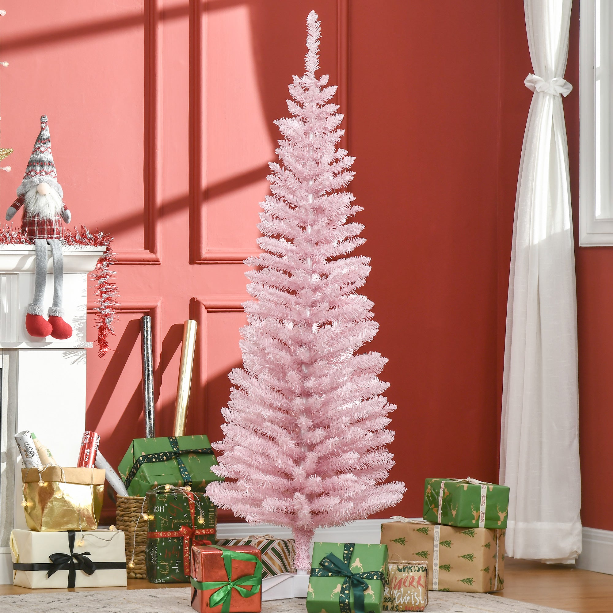 HOMCOM 5ft Pink Artificial Pencil Christmas Tree: Slim Xmas Tree, 294 Realistic Branch Tips, Flame-Retardant Plastic Stand for Indoor Home Decor, Easy Assembly &amp; Storage