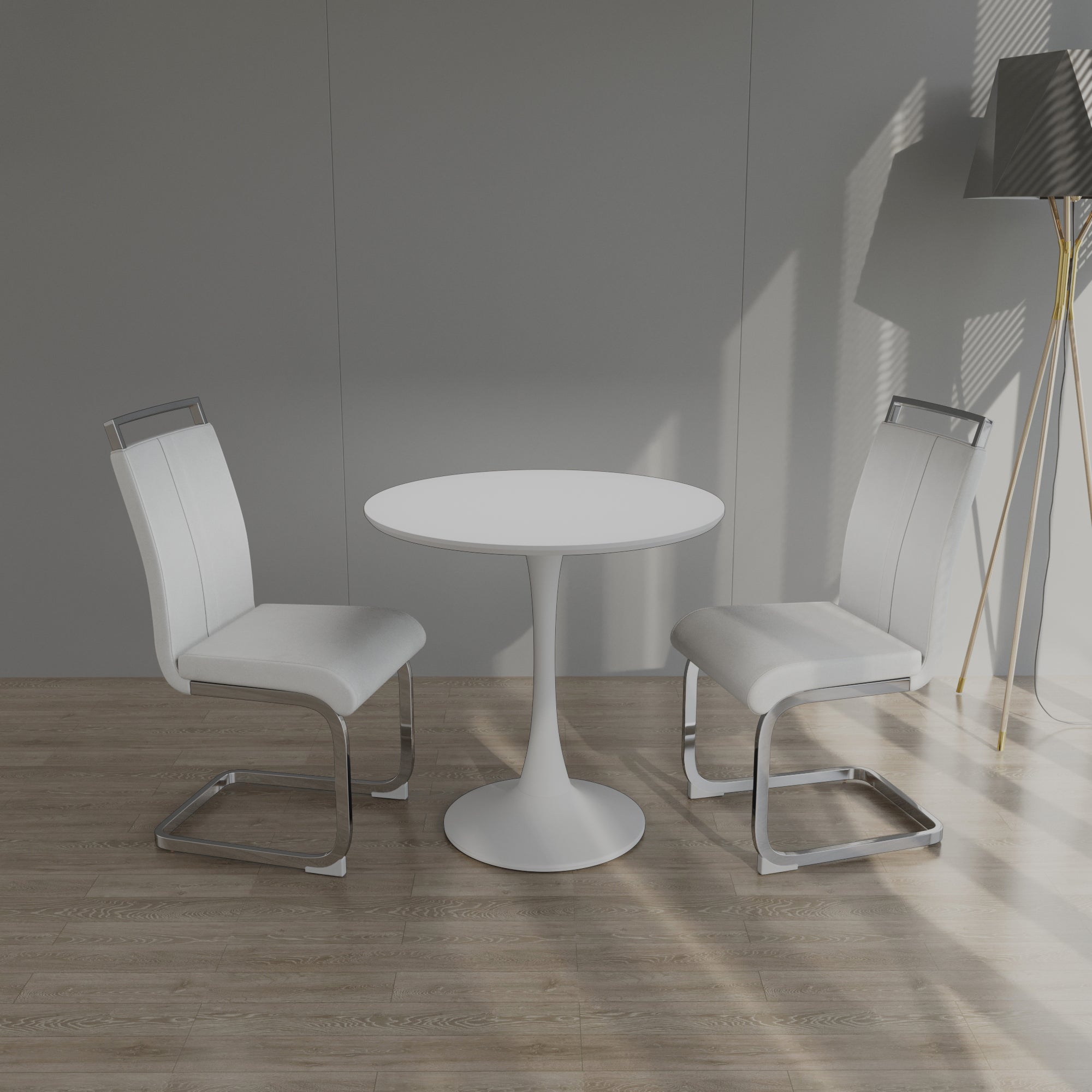 31.5" White Round Tulip Dining Table Set for 2-4 People, MDF Top & Base with 2 White PU Leather Metal Leg Chairs, Modern Kitchen & Small Space Furniture
