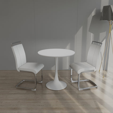 31.5" White Round Tulip Dining Table Set for 2-4 People, MDF Top & Base with 2 White PU Leather Metal Leg Chairs, Modern Kitchen & Small Space Furniture