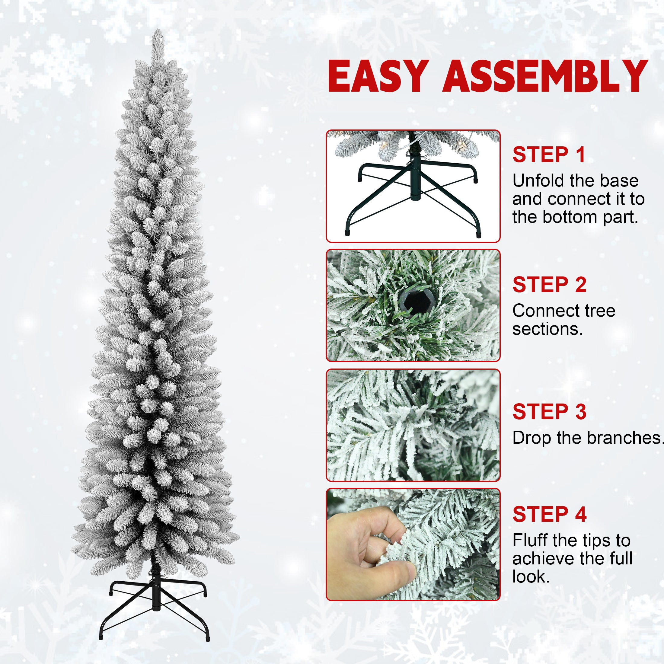 7FT Slim Flocked Pencil Christmas Tree - Realistic Snow Effect, 469 PVC Tips, Space-Saving Green & White Tree with Sturdy Metal Stand, Easy Setup for Indoor Holiday Decor