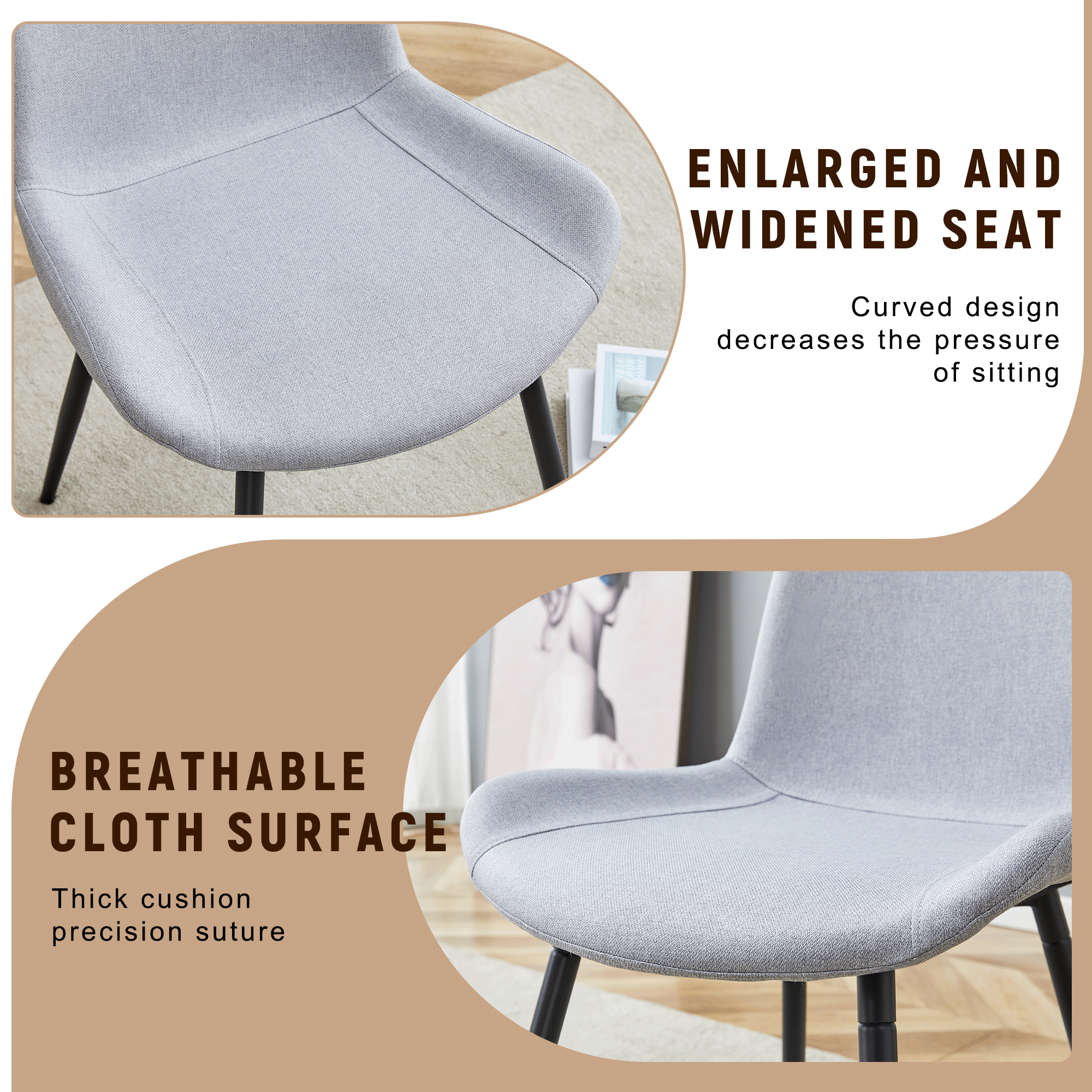 71" Wooden &amp; Black Spliced Dining Table Set with 8 Light Gray Linen Chairs - 30"H Table w/ Storage Shelf, Ergonomic Cushions for Dining Room, Kitchen &amp; Parties