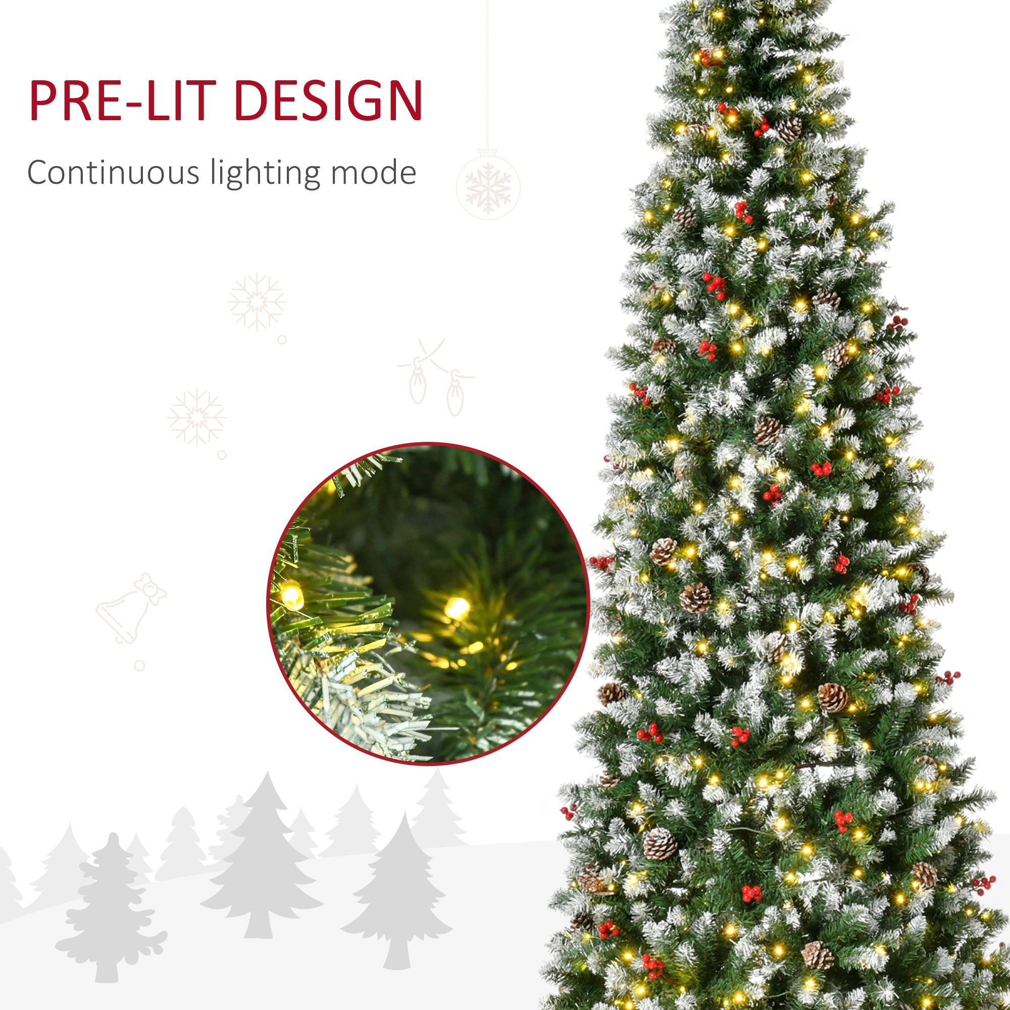 HOMCOM 9ft Snow-Dipped Artificial Christmas Tree | 460 LED Lights, 1298 Tips, Pine Cones &amp; Red Berries | Realistic PVC Branches for Festive Indoor Decor | Easy Assembly &amp; Storage