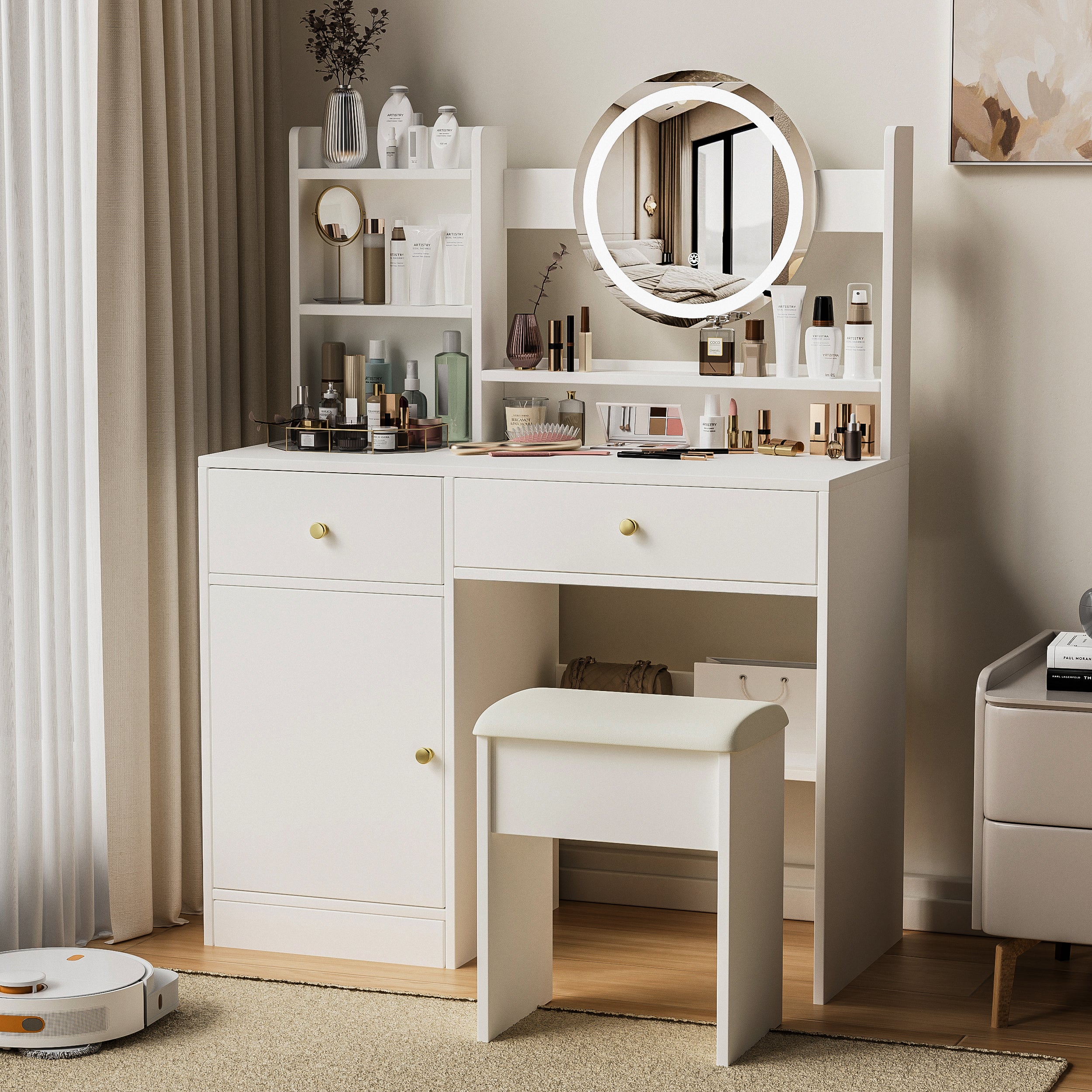 Fashion White Vanity Desk with Mirror & Lights, 3 Color Lighting, Adjustable Brightness, 2 Drawers, Storage Shelves, Cushioned Chair Included, MDF, 35.4" W, Bedroom & Makeup Use