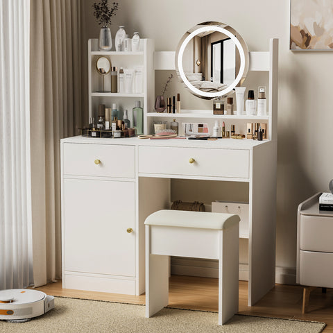 Fashion White Vanity Desk with Mirror & Lights, 3 Color Lighting, Adjustable Brightness, 2 Drawers, Storage Shelves, Cushioned Chair Included, MDF, 35.4" W, Bedroom & Makeup Use
