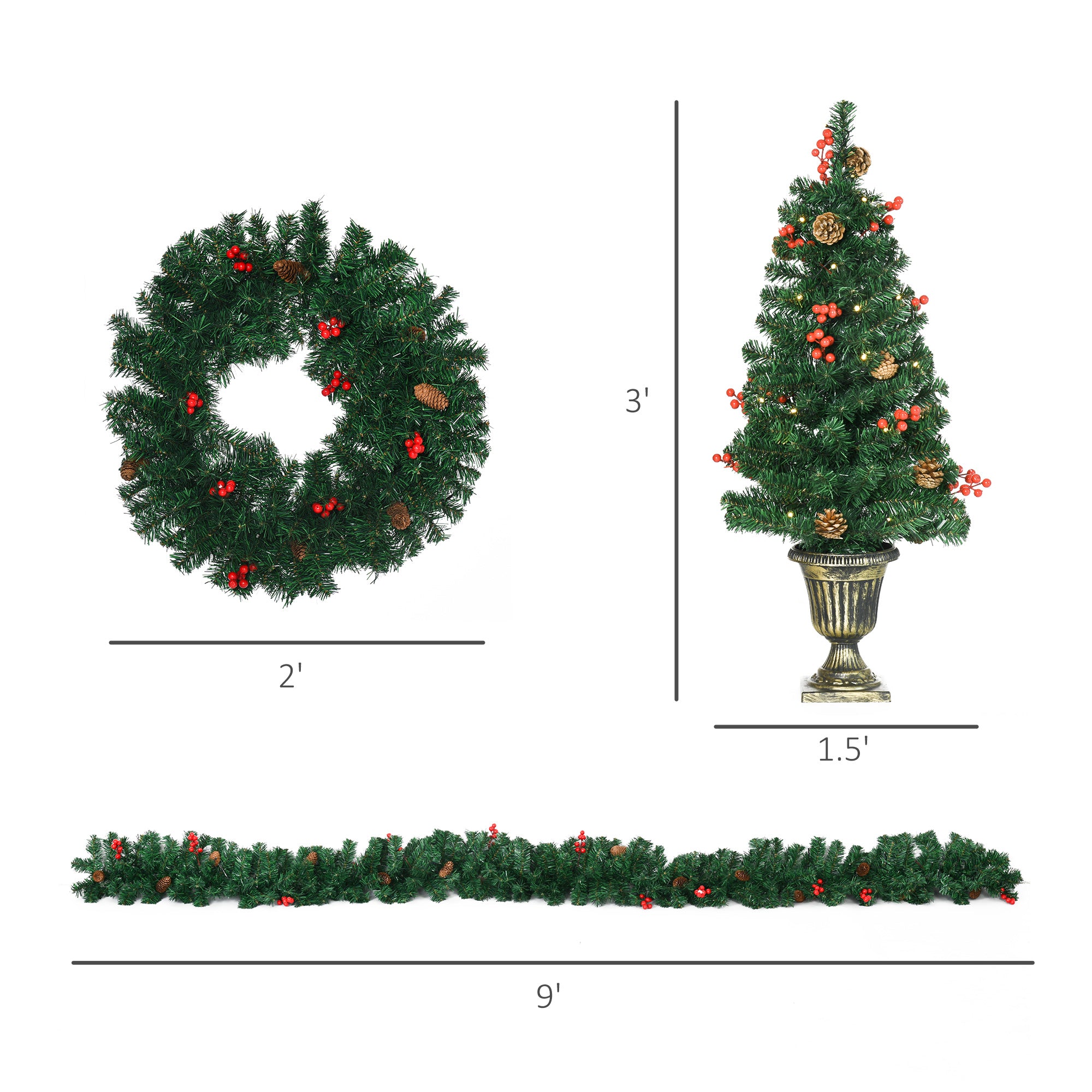 HOMCOM 4-Piece Prelit Christmas Decor Set: 3ft Green Trees, Garland &amp; Wreath with Warm White LEDs, Red Berries, Pine Cones for Indoor/Outdoor Entryway