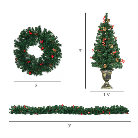 HOMCOM 4-Piece Prelit Christmas Decor Set: 3ft Green Trees, Garland &amp; Wreath with Warm White LEDs, Red Berries, Pine Cones for Indoor/Outdoor Entryway