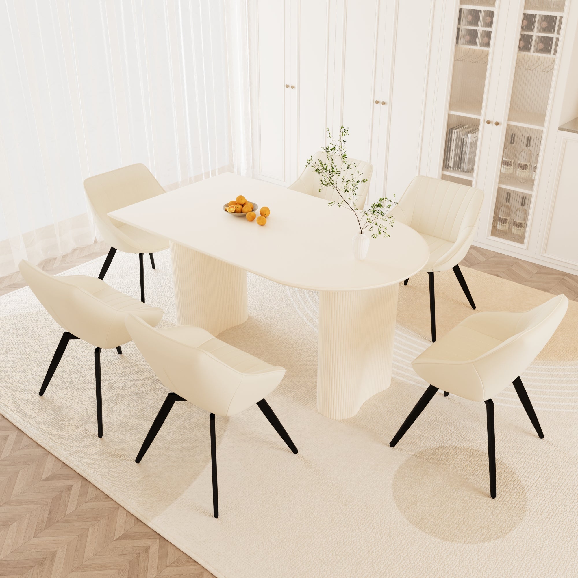 63" Medieval Modern Cream MDF Dining Table Set with 6 Beige PU Leather Chairs, Black Metal Legs, Ergonomic Design for Kitchen & Home Dining Room