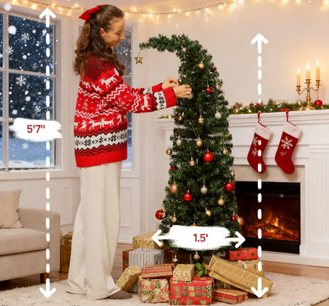 5ft Slim Green High Mountain Fir Christmas Tree: Whimsical Bent Top, 100 Warm White LEDs, 246 Tips, Stable Metal Stand for Indoor Festive Decor