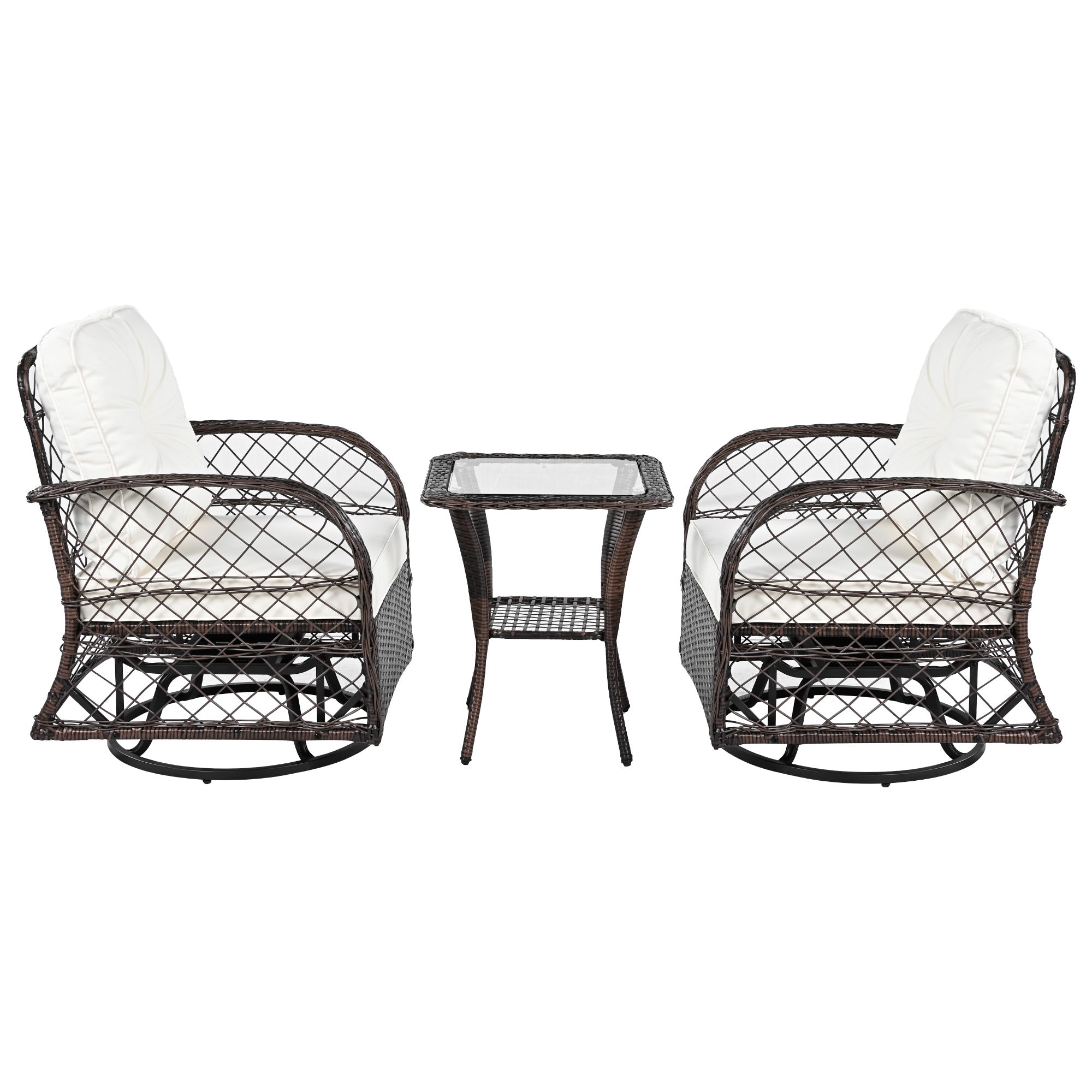 3-Piece Brown Rattan Outdoor Chat Set: 2 Swivel Rocker Chairs &amp; Glass Top Table for Garden Patio Balcony, Weather-Resistant Wicker Seating Group with Cushions