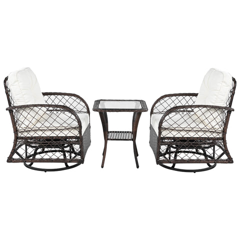 3-Piece Brown Rattan Outdoor Chat Set: 2 Swivel Rocker Chairs &amp; Glass Top Table for Garden Patio Balcony, Weather-Resistant Wicker Seating Group with Cushions
