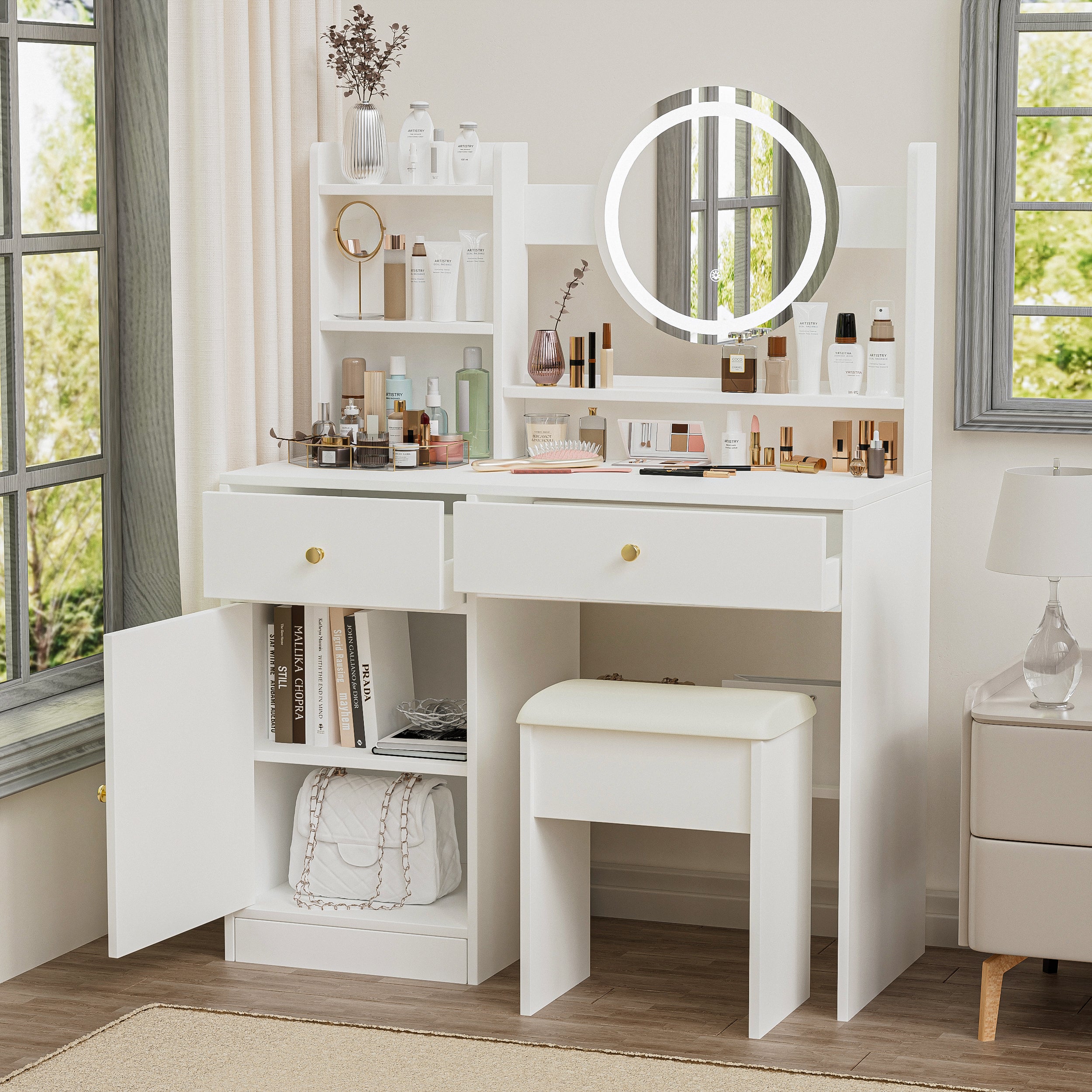 Fashion White Vanity Desk with Mirror & Lights, 3 Color Lighting, Adjustable Brightness, 2 Drawers, Storage Shelves, Cushioned Chair Included, MDF, 35.4" W, Bedroom & Makeup Use