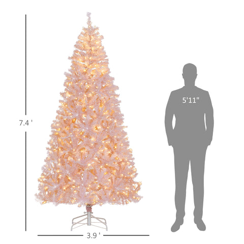HOMCOM 7.5ft Pink Douglas Fir Prelit Christmas Tree - 500 Warm White LEDs, 1346 Tips, Realistic Branches, Metal Base - Indoor Holiday Decor, Living Room & Party Essential