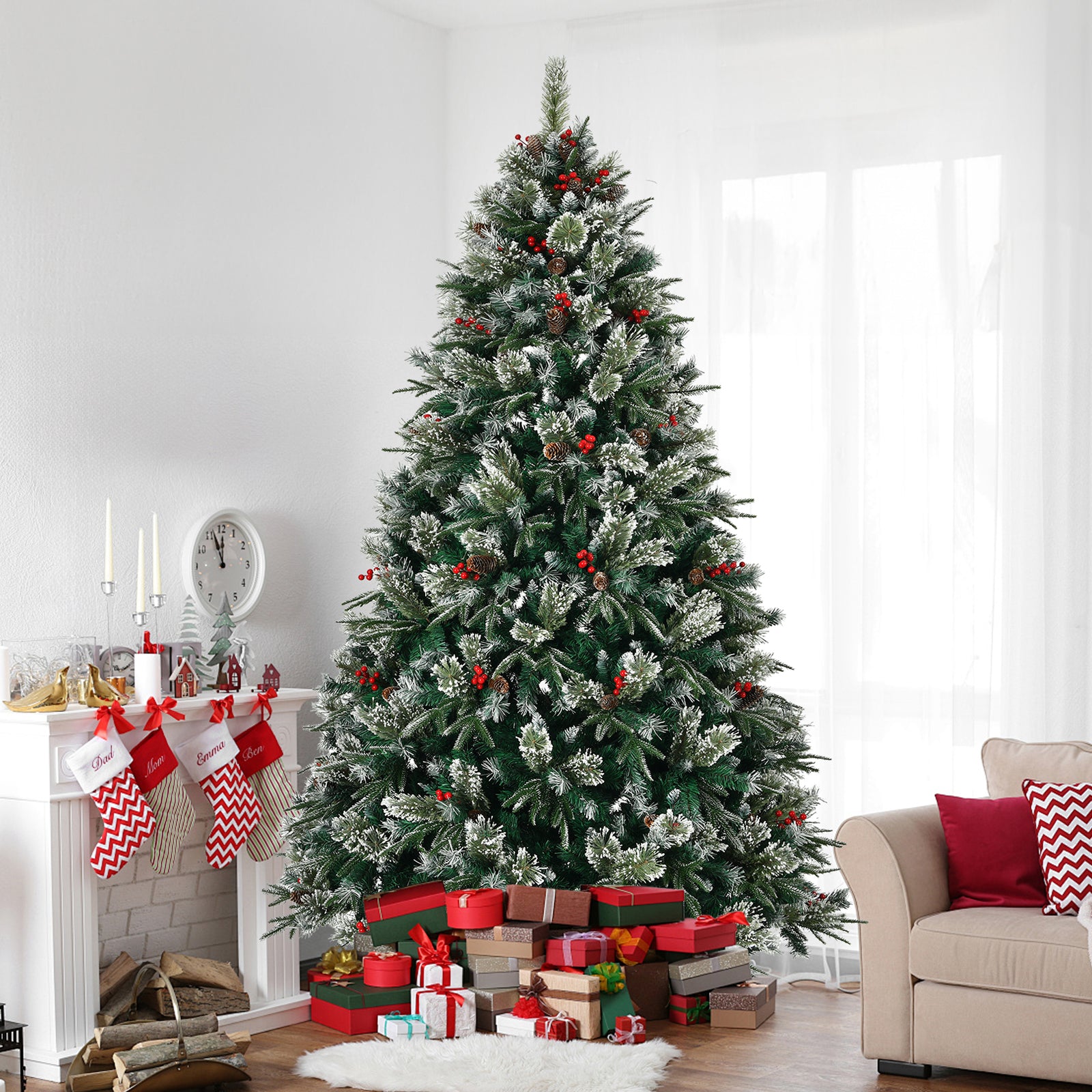 8ft Snow Frosted Artificial Christmas Tree: 1550 PE/PVC Tips, Pre-Decorated w/ Pinecones &amp; Berries, Hinged Branches, Metal Stand, Easy Assembly for Home &amp; Office Holiday Decor