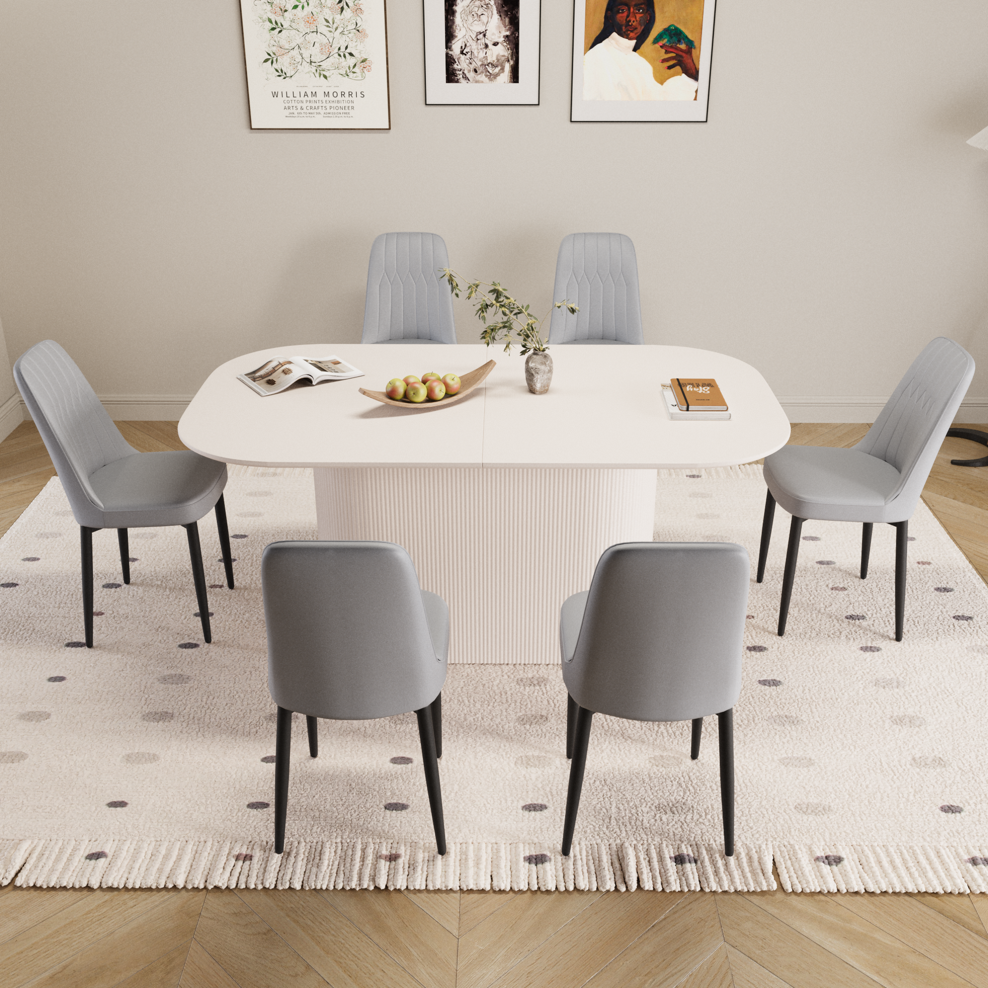63" Cream Modern MDF Dining Table Set with 6 Grey PU Leather Ergonomic Chairs - Industrial Style Home & Kitchen Furniture for 4-8 Guests - Easy Assembly