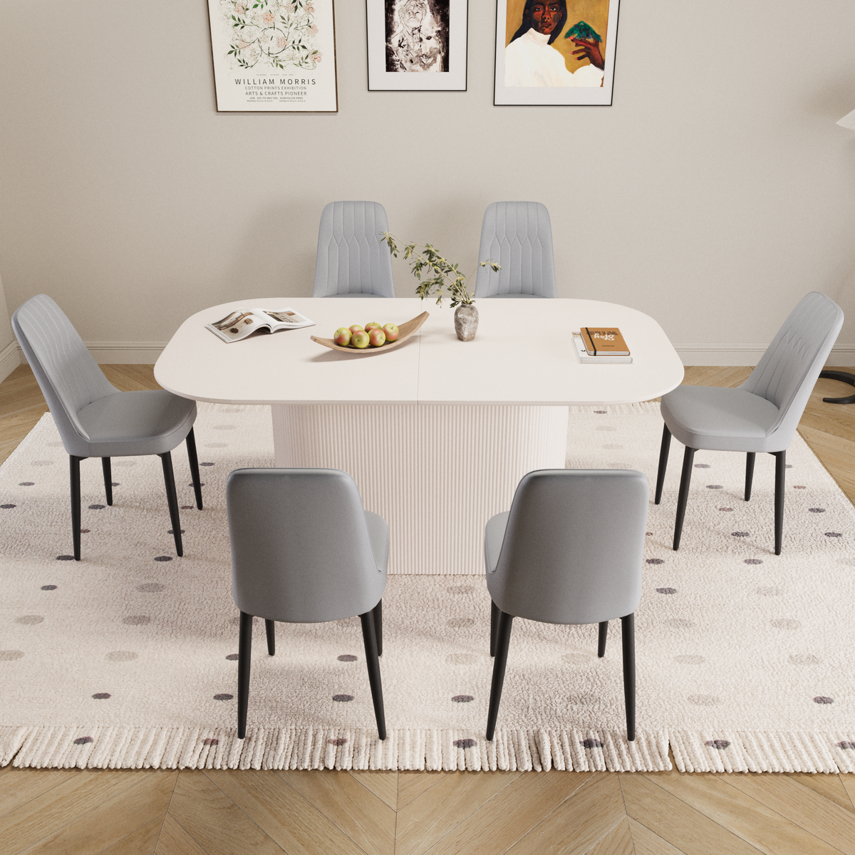 63" Cream Modern MDF Dining Table Set with 6 Grey PU Leather Ergonomic Chairs - Industrial Style Home & Kitchen Furniture for 4-8 Guests - Easy Assembly