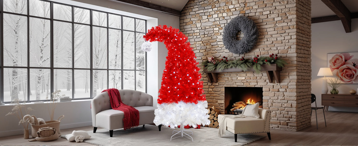 6FT Whimsical Santa Hat Christmas Tree | 1050 PET Tips | Pre-Lit 300 Cold White LEDs | Red & White | Indoor Holiday Decor