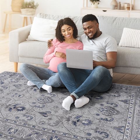 MARFI Collection 6x9 Oriental Area Rug - Stain Resistant, Non-Shedding Polyester in Grey &amp; Blue - Durable, Easy Care for Living Room, Bedroom, Entryway, Home Office