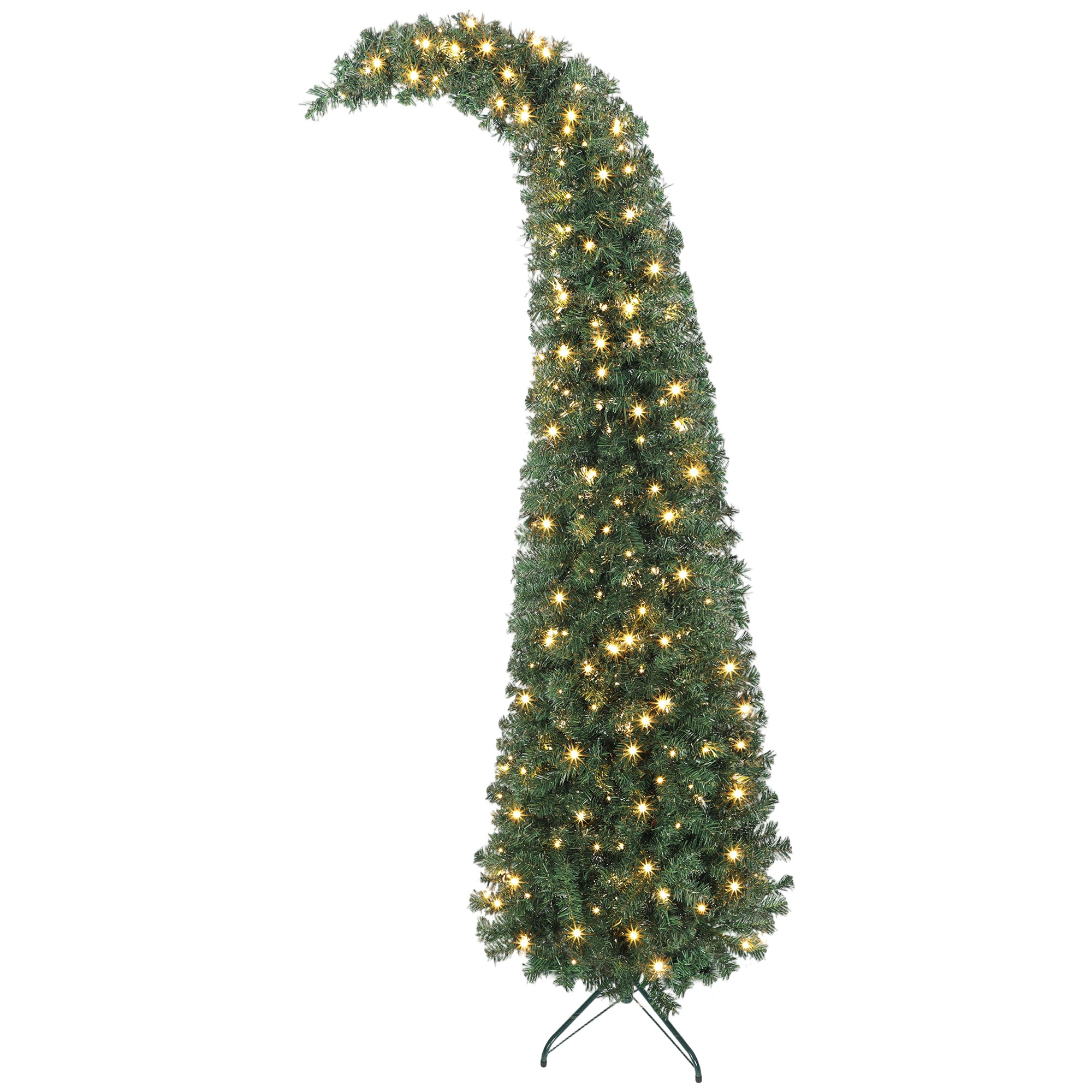7ft Slim High Mountain Fir Christmas Tree | Unique Bent Top Santa Hat Design | 300 Warm White LEDs, 8 Modes | 777 Tips, Full Green Appearance | Metal Stand | Indoor Home Decor