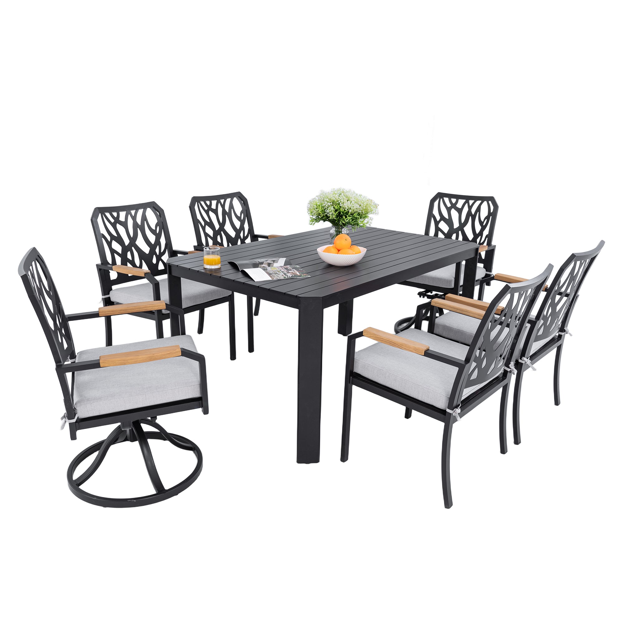 7-PC Bourbon Brown Aluminum Patio Dining Set: 6-Seater Outdoor Furniture with 4 Chairs, 2 Swivel Rockers, Sunbrella Cushions, Branch Backrest, Rectangular Table w/ Umbrella Hole for Garden & Patio Relaxation