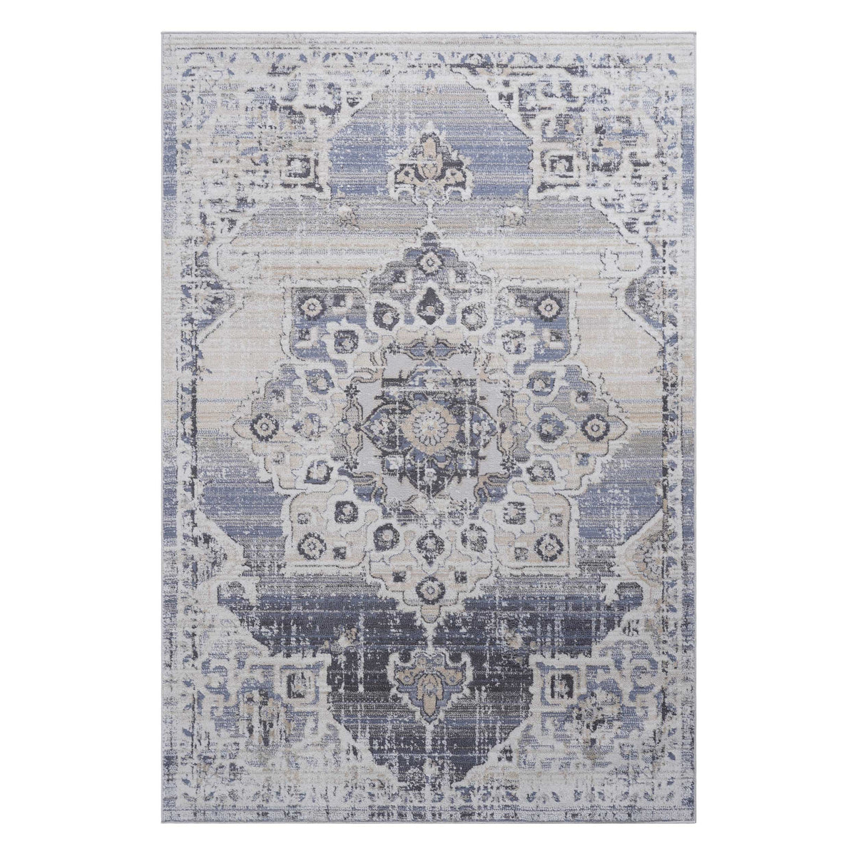 PAYAS Collection 6x9 Cream & Blue Medallion Area Rug - Stain Resistant, Non-Shedding Polyester for Living Room, Bedroom, Home Office. Durable, Easy Care, Medium Pile (0.28"). Turkish Made.