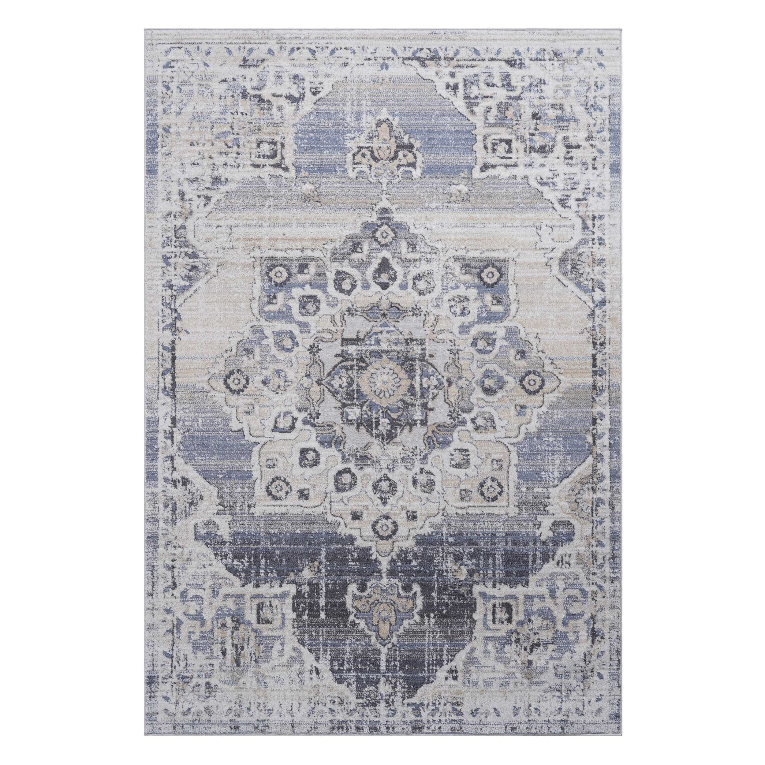 PAYAS Collection 5x7 Cream & Blue Medallion Area Rug - Stain-Resistant, Non-Shedding Polyester for Living Room, Bedroom, Entryway, Home Office, Dining Room, Dorm - Durable, Easy Care, Medium Pile