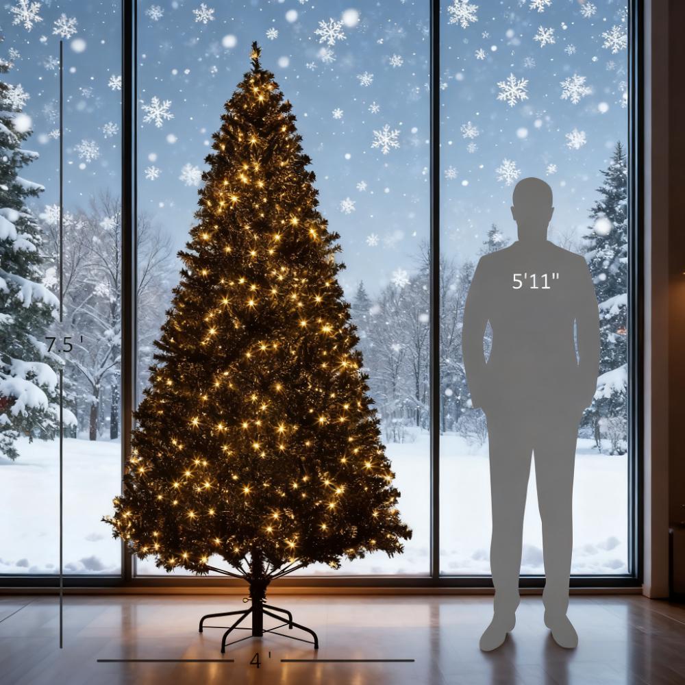 7.5 FT Tall Black Artificial Christmas Tree with 500 Warm White LED Lights &amp; 1346 Full Branch Tips - Easy Assemble Hinged Xmas Tree with Metal Base for Indoor Holiday Decor