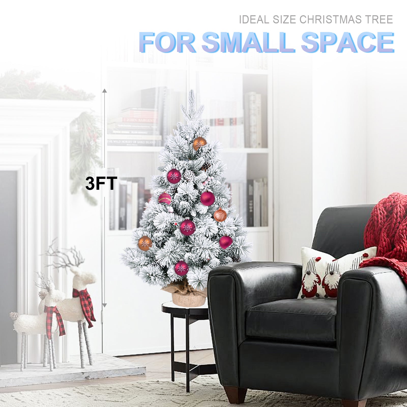 3FT Flocked Snowy Christmas Tree, 170 Tips, PE/PVC & Pine Needle Branches, Pine Cones & Red Berries Decor - Compact White & Green Holiday Tree for Tabletop, Entryway, Office Decor