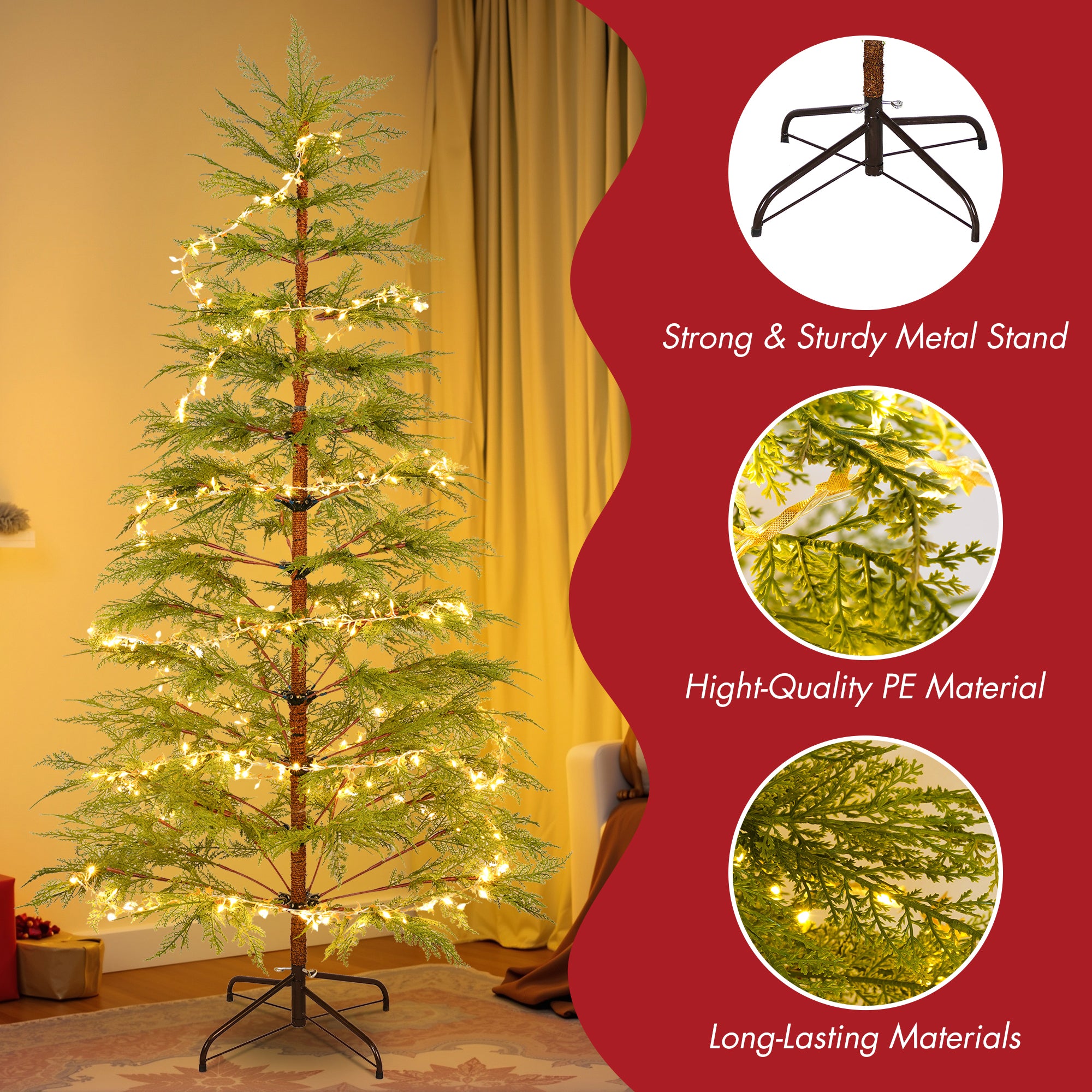 6 Ft Artificial Christmas Tree with LED Star & Moon Lights, 612 Realistic PE Tips, Hinged Green Pine, Sturdy Metal Stand for Indoor Holiday Decor