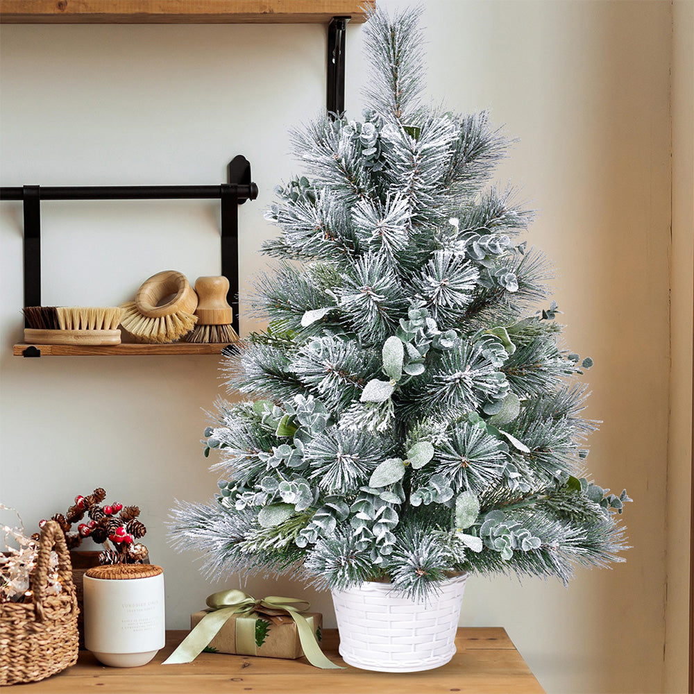 2ft White & Green Tabletop Christmas Tree: 68 Tips, Eucalyptus & Pine Accents, Lightly Flocked PVC with Stable Cement Base - Perfect for Desks, Mantels & Holiday Decor