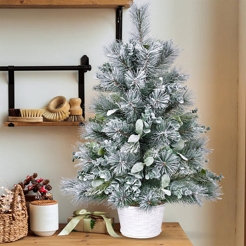 2ft White & Green Tabletop Christmas Tree: 68 Tips, Eucalyptus & Pine Accents, Lightly Flocked PVC with Stable Cement Base - Perfect for Desks, Mantels & Holiday Decor