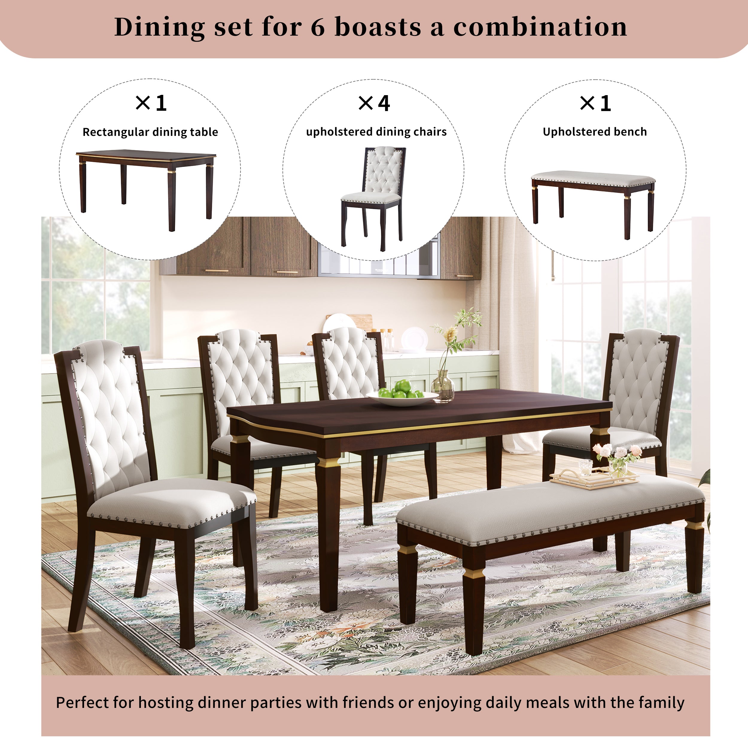 6-Piece Espresso Solid Wood Dining Table Set: 60" Rectangular Table, 4 High-Back Tufted Chairs & Bench, Seats 6 for Kitchen & Dining Room, Elegant Craftsmanship & Comfort