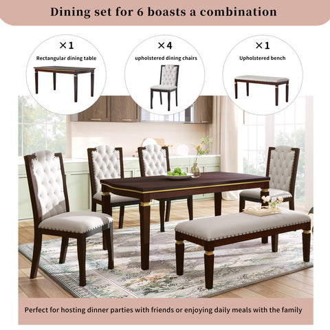 6-Piece Espresso Solid Wood Dining Table Set: 60" Rectangular Table, 4 High-Back Tufted Chairs & Bench, Seats 6 for Kitchen & Dining Room, Elegant Craftsmanship & Comfort