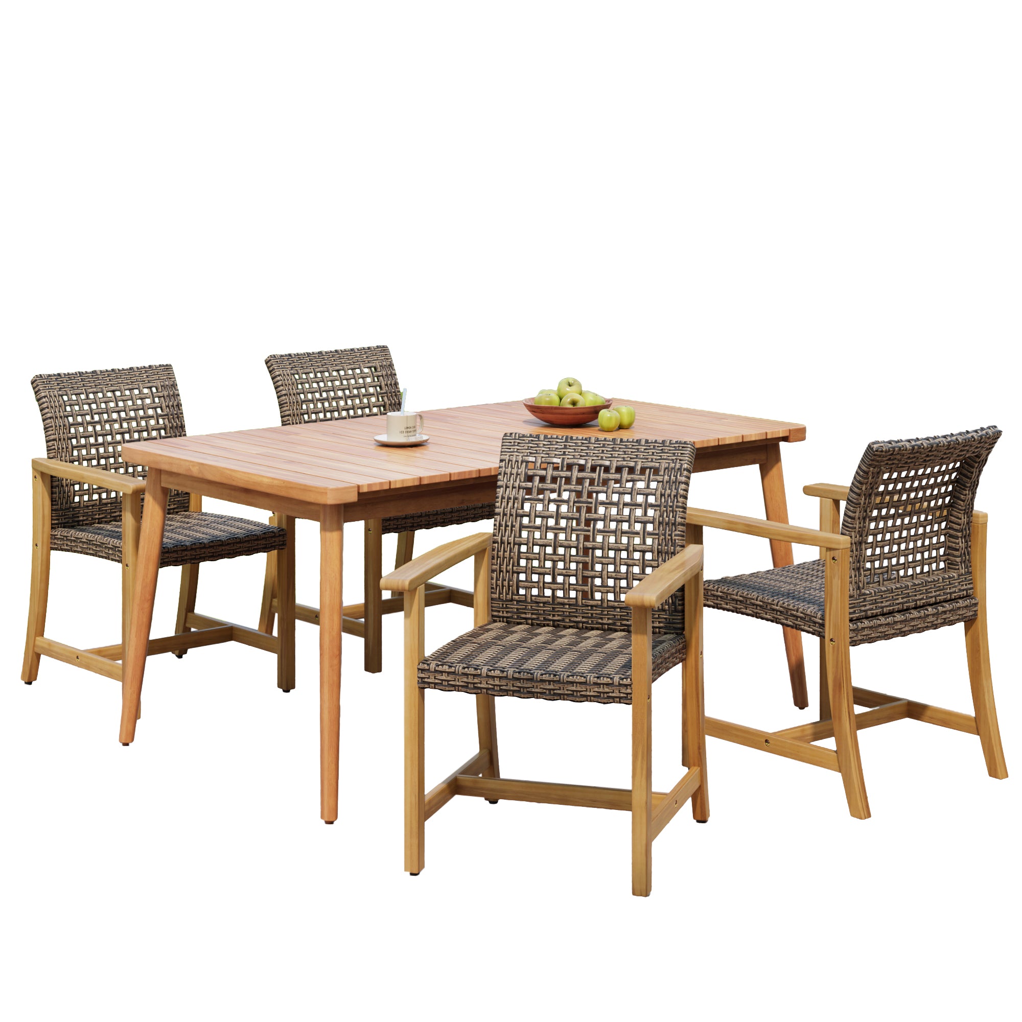 5-Piece Outdoor Patio Dining Set: 63" Acacia Wood Slatted Table & 4 Mix Mocha PE Rattan Chairs with Teak Wood Frames – Durable, Stylish & Easy Assembly for Garden & Backyard Gatherings