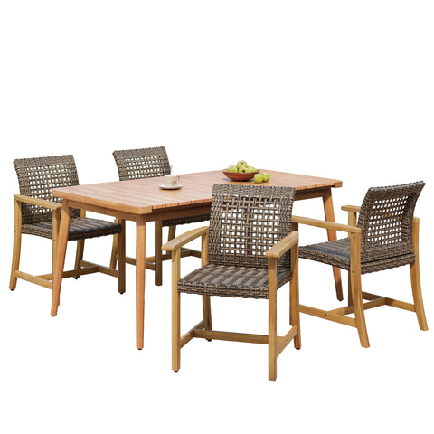 5-Piece Outdoor Patio Dining Set: 63" Acacia Wood Slatted Table & 4 Mix Mocha PE Rattan Chairs with Teak Wood Frames – Durable, Stylish & Easy Assembly for Garden & Backyard Gatherings